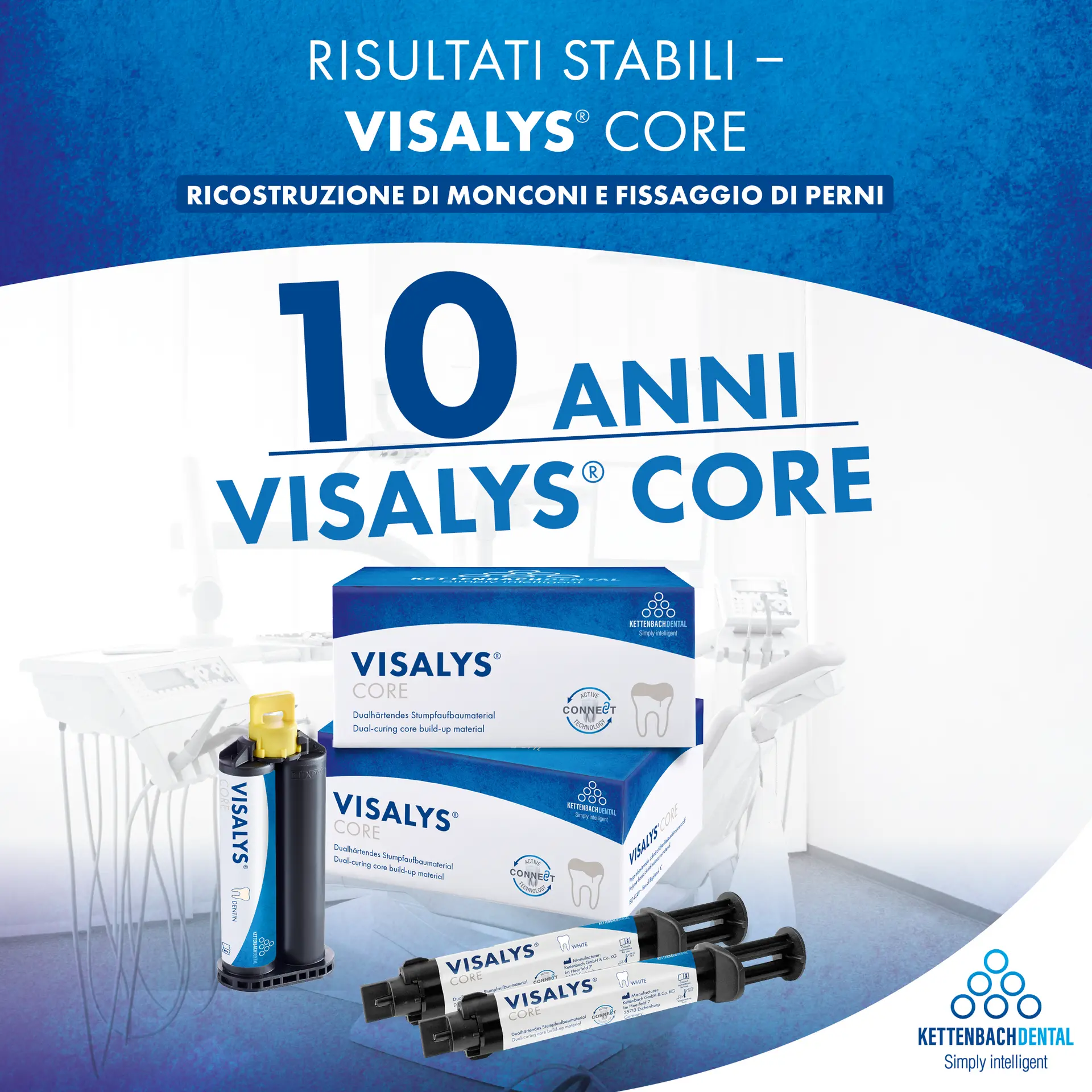 Risultati stabili con 10 anni di Visalys® Core. Ricostruzione del monconi e fissagio di perni.